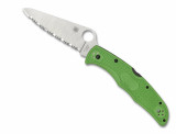Spyderco Pacific Salt 2 folding knife with thumb hole - shown open presentation side.  Satin LC200N stainless steel serrated edge blade.  Green FRN handle.  Model C91FSGR2.