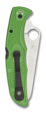 Spyderco Pacific Salt 2 folding knife with thumb hole - shown closed pocket clip side.  Satin LC200N stainless steel serrated edge blade.  Green FRN handle.  Model C91FSGR2.