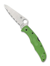 Spyderco Pacific Salt 2 folding knife with thumb hole - shown open presentation side.  Satin LC200N stainless steel serrated edge blade.  Green FRN handle.  Model C91FSGR2.