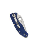 Spyderco Tenacious folding knife with thumb hole - shown closed pocket clip side.  Satin S35VN stainless steel plain edge blade.  Blue FRN handle.  Model C122PBL.
