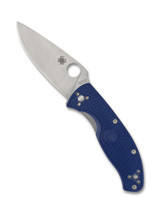 Spyderco Tenacious folding knife with thumb hole - shown open presentation side.  Satin S35VN stainless steel plain edge blade.  Blue FRN handle.  Model C122PBL.