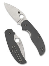 Spyderco Sage 1 folding knife with thumb hole - shown open presentation side and closed pocket clip side.  Maxamet steel plain edge blade.  Gray G-10 handle.  Model C123GPGY.