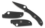 Spyderco Honeybee folding knife with thumb hole - shown open obverse, closed reverse, and closed obverse.  Black 3Cr13 stainless steel plain edge blade.  Black stainless steel handle.  Model C137BKP.