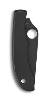 Spyderco Honeybee folding knife with thumb hole - shown closed reverse.  Black 3Cr13 stainless steel plain edge blade.  Black stainless steel handle.  Model C137BKP.