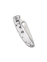 Spyderco Endura 4 folding knife with thumb hole - shown closed pocket clip side.  Satin VG-10 stainless steel serrated edge blade.  Stainless steel handle.  Model C10S.
