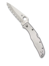 Spyderco Endura 4 folding knife with thumb hole - shown open presentation side.  Satin VG-10 stainless steel serrated edge blade.  Stainless steel handle.  Model C10S.