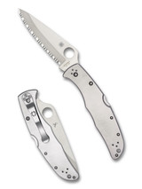 Spyderco Endura 4 folding knife with thumb hole - shown open presentation side and closed pocket clip side.  Satin VG-10 stainless steel serrated edge blade.  Stainless steel handle.  Model C10S.