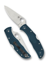 Spyderco Endela folding knife with thumb hole - shown open presentation side and closed pocket clip side.  Satin K390 steel plain edge blade.  Blue FRN handle.  Model C243FPK390.