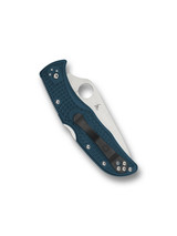 Spyderco Endela folding knife with thumb hole - shown closed pocket clip side.  Satin K390 steel plain edge blade.  Blue FRN handle.  Model C243FPK390.