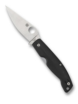 Spyderco Pattadese folding knife with thumb hole - shown open presentation side.  Satin M390 stainless steel plain edge blade.  Black G-10 handle.  Model C257GP.
