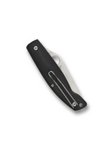 Spyderco Pattadese folding knife with thumb hole - shown closed pocket clip side.  Satin M390 stainless steel plain edge blade.  Black G-10 handle.  Model C257GP.