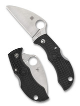 Spyderco Manbug wharncliffe folding knife with thumb hole - shown open obverse and closed reverse.  Satin VG-10 stainless steel plain edge blade.  Black FRN handle.  Model MBKWP.