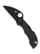 Spyderco Manbug wharncliffe folding knife with thumb hole - shown open obverse.  Black VG-10 stainless steel plain edge blade.  Black FRN handle.  Model MBKWPBK.