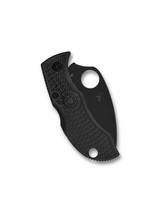 Spyderco Manbug wharncliffe folding knife with thumb hole - shown closed reverse.  Black VG-10 stainless steel plain edge blade.  Black FRN handle.  Model MBKWPBK.