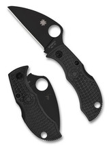 Spyderco Manbug wharncliffe folding knife with thumb hole - shown open obverse and closed reverse.  Black VG-10 stainless steel plain edge blade.  Black FRN handle.  Model MBKWPBK.
