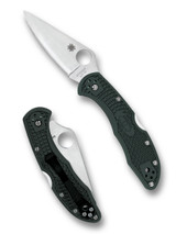 Spyderco Delica 4 folding knife with thumb hole - shown open presentation side and closed pocket clip side.  Satin ZDP-189 steel plain edge blade.  British Racing Green FRN handle.  Model C11PGRE.
For reference only.
