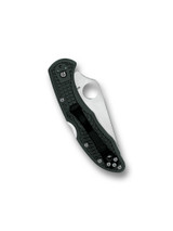 Spyderco Delica 4 folding knife with thumb hole - shown closed pocket clip side.  Satin ZDP-189 steel plain edge blade.  British Racing Green FRN handle.  Model C11PGRE.
For reference only.
