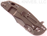 Rick Hinderer Knives XM-18 3.5" Bowie folding knife with thumb stud and flipper tab - shown closed lock side.  Working Finish 20CV stainless steel plain edge blade.  OD green - black G-10 handle with Battle Bronze titanium lock side.  Model K2032SGW00.