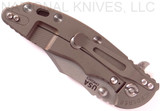 Rick Hinderer Knives XM-18 3.5" Bowie folding knife with thumb stud and flipper tab - shown closed lock side.  Working Finish 20CV stainless steel plain edge blade.  Black G-10 handle with Battle Bronze titanium lock side.  Model K2032SGW00.