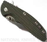 Rick Hinderer Knives XM-18 3.5" Bowie folding knife with thumb stud and flipper tab - shown closed presentation side.  Stonewash 20CV stainless steel plain edge blade.  OD green - black G-10 handle with stonewash bronze titanium lock side.  Model K2032SGS00.
