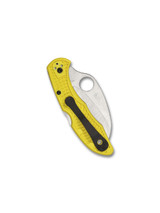 Spyderco Tasman Salt 2 folding knife with thumb hole - shown closed pocket clip side.  Satin H-2 stainless steel plain edge blade.  Yellow FRN handle.  Model C106PYL2.