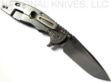 Rick Hinderer Knives XM-18 3.5" Spanto folding knife with thumb stud and flipper tab - shown open lock side.  Stonewash S45VN stainless steel plain edge blade.  Blue - black G-10 handle with stonewash lock side.  Model K2002SGS00.