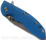 Rick Hinderer Knives XM-18 3.5" Spanto folding knife with thumb stud and flipper tab - shown closed presentation side.  Stonewash S45VN stainless steel plain edge blade.  Blue G-10 handle with stonewash blue lock side.  Model KXM35SPA.