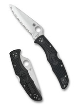 Spyderco Endura 4 folding knife with thumb hole - shown open presentation side and closed pocket clip side. Satin VG-10 stainless steel serrated edge blade. Black FRN handle. Model C10SBK.
Spyderco Endura 4 folding knife with thumb hole - shown open presentation side and closed pocket clip side. Satin VG-10 stainless steel serrated edge blade. Black FRN handle. Model C10SBK.