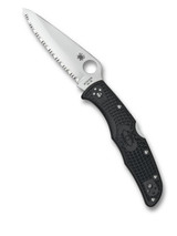 Spyderco Endura 4 folding knife with thumb hole - shown open presentation side.  Satin VG-10 stainless steel serrated edge blade.  Black FRN handle.  Model C10SBK.