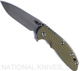 Rick Hinderer Knives XM-18 3.5" Spanto folding knife with thumb stud and flipper tab - shown open presentation side.  Working Finish S45VN stainless steel plain edge blade.  OD green G-10 handle with Working Finish lock side.  Model KXM35SPA.
