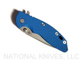 Rick Hinderer Knives XM-18 3.5" Spanto folding knife with thumb stud and flipper tab - shown closed presentation side.  Working Finish S45VN stainless steel plain edge blade.  Blue G-10 handle with Battle Blue lock side.  Model K2002SGW00.