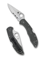 Spyderco Delica 4 folding knife with thumb hole - shown open presentation side and closed pocket clip side.  Satin VG-10 stainless steel combo edge blade.  Foliage Green FRN handle.  Model C11PSFG. Spyderco Delica 4 folding knife with thumb hole - shown open presentation side and closed pocket clip side.  Satin VG-10 stainless steel combo edge blade.  Foliage Green FRN handle.  Model C11PSFG.