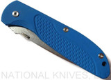 Rick Hinderer Knives Firetac Recurve folding knife with thumb disk - shown closed presentation side.  Stonewash 20CV stainless steel plain edge blade.  Blue G-10 handle with stonewash blue lock side.  Model K205FSGS00.