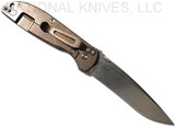 Rick Hinderer Knives Firetac Recurve folding knife with thumb disk - shown open lock side.  Stonewash 20CV stainless steel plain edge blade.  Black G-10 handle with stonewash bronze lock side.  Model K205FSGS00.