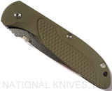 Rick Hinderer Knives Firetac Recurve folding knife with thumb disk - shown closed presentation side.  Stonewash 20CV stainless steel plain edge blade.  OD green G-10 handle with stonewash bronze lock side.  Model K205FSGS00.