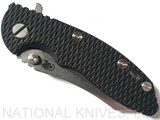 Rick Hinderer Knives XM-18 3.0" Skinner folding knife with thumb studs and flipper tab - shown closed presentation side.  Stonewashed 20CV stainless steel plain edge blade.  Black G-10 handle with stonewashed lock side.  Model K1041SGS00.