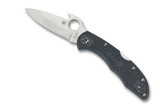 Spyderco Delica 4 Emerson folding knife with thumb hole and Emerson Wave Opener - shown open presentation side.  Satin VG-10 stainless steel plain edge blade.  Gray FRN handle.  Model C11PGYW.
