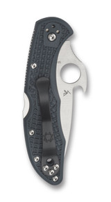 Spyderco Delica 4 Emerson folding knife with thumb hole and Emerson Wave Opener - shown closed pocket clip side.  Satin VG-10 stainless steel plain edge blade.  Gray FRN handle.  Model C11PGYW.
