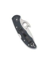 Spyderco Delica 4 Emerson folding knife with thumb hole and Emerson Wave Opener - shown closed pocket clip side.  Satin VG-10 stainless steel plain edge blade.  Gray FRN handle.  Model C11PGYW.
