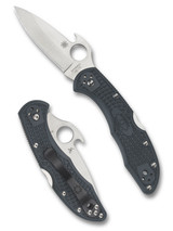 Spyderco Delica 4 Emerson folding knife with thumb hole and Emerson Wave Opener - shown open presentation side and closed pocket clip side.  Satin VG-10 stainless steel plain edge blade.  Gray FRN handle.  Model C11PGYW. Spyderco Delica 4 Emerson folding knife with thumb hole and Emerson Wave Opener - shown open presentation side and closed pocket clip side.  Satin VG-10 stainless steel plain edge blade.  Gray FRN handle.  Model C11PGYW.