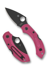 Spyderco Dragonfly 2 folding knife with thumb hole - shown open presentation side and closed pocket clip side.  Black S30V stainless steel plain edge blade.  Pink FRN handle.  Model C28FPPNS30VBK2.
 Spyderco Dragonfly 2 folding knife with thumb hole - shown open presentation side and closed pocket clip side.  Black S30V stainless steel plain edge blade.  Pink FRN handle.  Model C28FPPNS30VBK2.