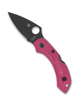 Spyderco Dragonfly 2 folding knife with thumb hole - shown open presentation side.  Black S30V stainless steel plain edge blade.  Pink FRN handle.  Model C28FPPNS30VBK2. Spyderco Dragonfly 2 folding knife with thumb hole - shown open presentation side.  Black S30V stainless steel plain edge blade.  Pink FRN handle.  Model C28FPPNS30VBK2.