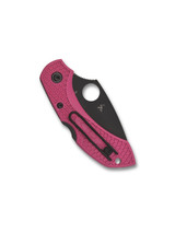 Spyderco Dragonfly 2 folding knife with thumb hole - shown closed pocket clip side.  Black S30V stainless steel plain edge blade.  Pink FRN handle.  Model C28FPPNS30VBK2. Spyderco Dragonfly 2 folding knife with thumb hole - shown closed pocket clip side.  Black S30V stainless steel plain edge blade.  Pink FRN handle.  Model C28FPPNS30VBK2.