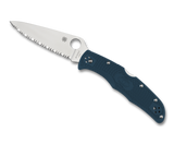Spyderco Endura 4 folding knife with thumb hole - shown open presentation side.  Satin K390 steel serrated edge blade.  Blue FRN handle.  Model C10FSK390.
For reference only.