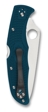 Spyderco Endura 4 folding knife with thumb hole - shown closed pocket clip side.  Satin K390 steel serrated edge blade.  Blue FRN handle.  Model C10FSK390.
For reference only.