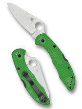 Spyderco Salt 2 folding knife with thumb hole - shown open presentation side and closed pocket clip side.  Satin LC200N stainless steel plain edge blade.  Green FRN handle. Model C88FPGR2.