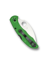 Spyderco Salt 2 Wharncliffe folding knife with thumb hole - shown closed pocket clip side.  Satin LC200N stainless steel plain edge blade.  Green FRN handle. Model C88FPWCGR2.
