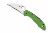 Spyderco Salt 2 Wharncliffe folding knife with thumb hole - shown open presentation side.  Satin LC200N stainless steel serrated edge blade.  Green FRN handle. Model C88FSWCGR2.