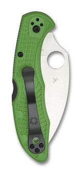 Spyderco Salt 2 Wharncliffe folding knife with thumb hole - shown closed pocket clip side.  Satin LC200N stainless steel serrated edge blade.  Green FRN handle. Model C88FSWCGR2.