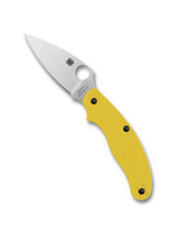 Spyderco UKPK Leaf Salt folding knife with thumb hole - shown open presentation side.  Satin MagnaCut stainless steel plain edge blade. Yellow FRN handle.  Model C94PYL.
